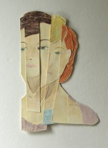 fragmentiertes Portrait aus der Serie "Identitäten", o.T. Farb- und Bleistift, Aquarell auf Papier, Zwirn, 37 x 23,5 cm, 2016 (c) Iris Christine Aue