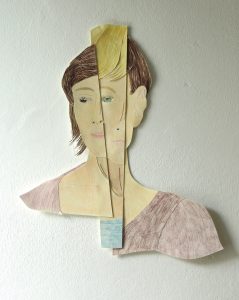 fragmentiertes Portrait aus der Serie "Identitäten", o.T. Farb- und Bleistift, Aquarell auf Papier, Zwirn, 35,5 x 31,5 cm, 2016 (c) Iris Christine Aue