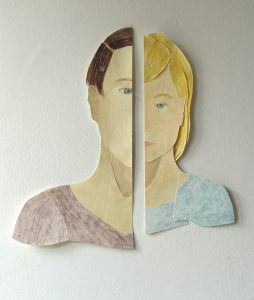fragmentiertes Portrait aus der Serie "Identitäten", o.T. Farb- und Bleistift, Aquarell auf Papier, Zwirn, 37 x 37 cm, 2016 (c) Iris Christine Aue