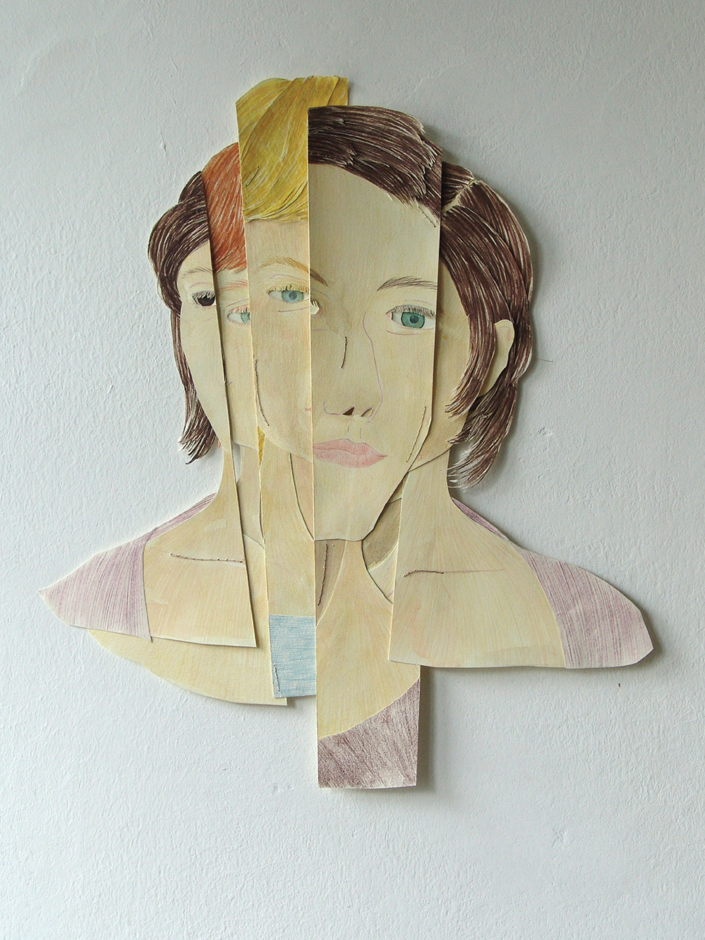 fragmentiertes Portrait aus der Serie "Identitäten", o.T. Farb- und Bleistift, Aquarell auf Papier, Zwirn, 39 x 34 cm, 2016 (c) Iris Christine Aue