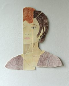 fragmentiertes Portrait aus der Serie "Identitäten", o.T. Farb- und Bleistift, Aquarell auf Papier, Zwirn, 39 x 34 cm, 2016 (c) Iris Christine Aue