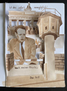 Titel: versprochen, Aquarell und Scherenschnitt in Skizzenbuch, Szene zum Fall der Berliner Mauer, 29,7 x 42 cm, 2023