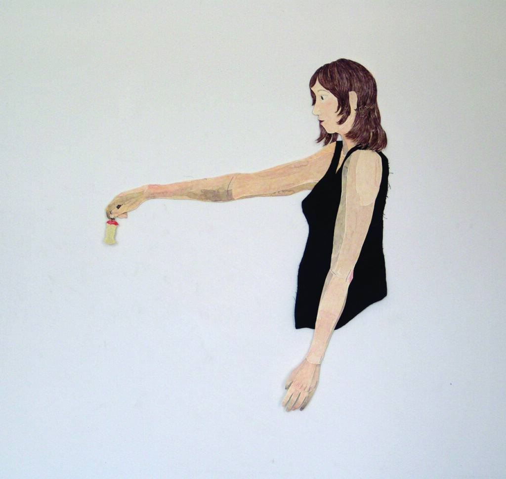 Das Geschenk, Aquarell und Farbstift auf Papier, Stoff, Garn, 91 x 75 x 5 cm, 2015