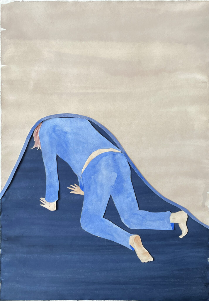 Collage, Junge drückt mit Rücken eine Linie hoch